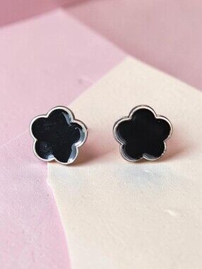 Black Flower Stud Earrings with Silver Trim
